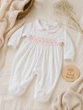 PEPA London 1M Smocked Footie | Classic White & Pink Heirloom One Piece